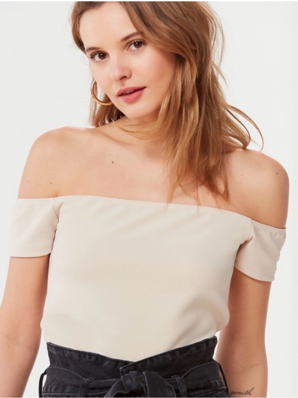 Urban Outfitters Cream Off-The-Shoulder Crop Top Size Large Stretch Minimalist